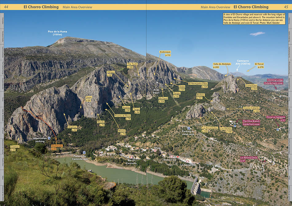 Topo overview of El Chorro climbing sectors Frontales and Encantadas with Pico de la Huma in the background